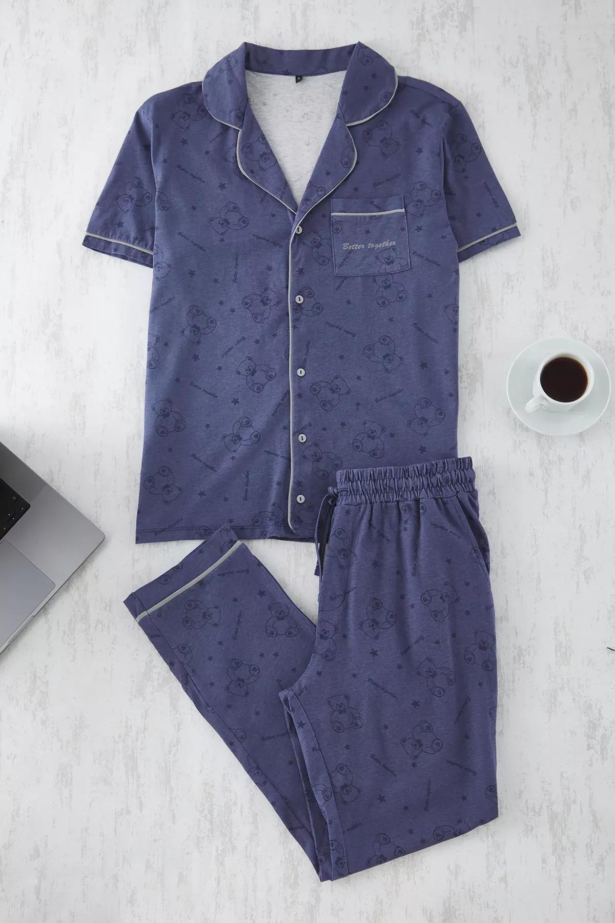 Purple Teddy Bear Printed Couple Pajama Set, Anthracite, large image number 0