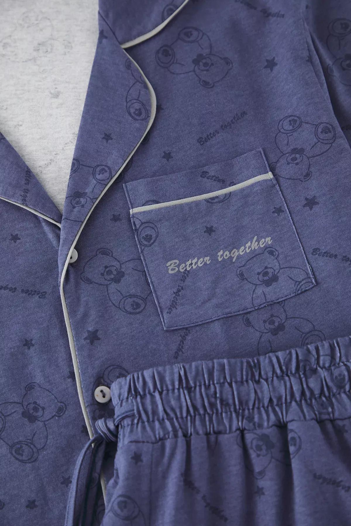 Purple Teddy Bear Printed Couple Pajama Set, Anthracite, medium