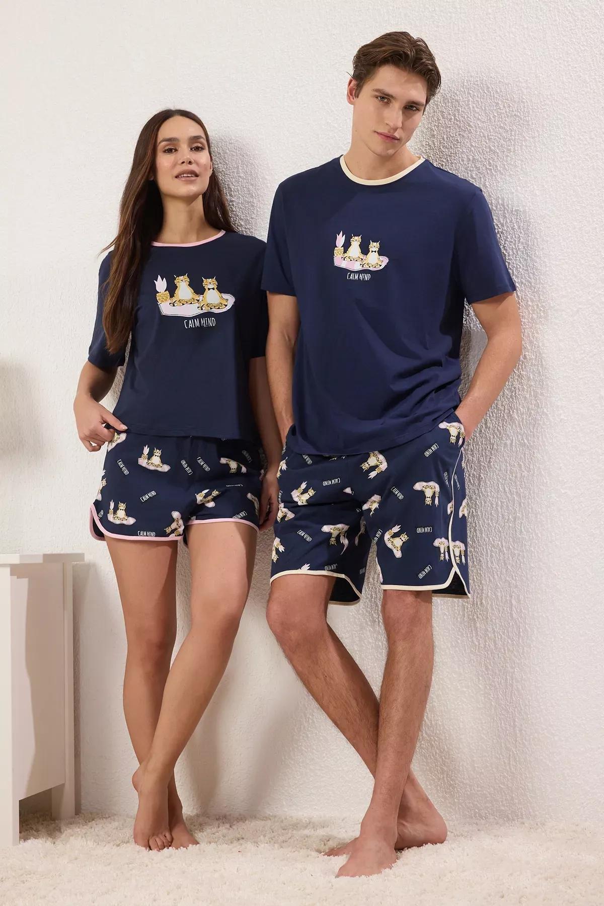 Navy Cat Printed Couple Pajama Set, , large image number 0
