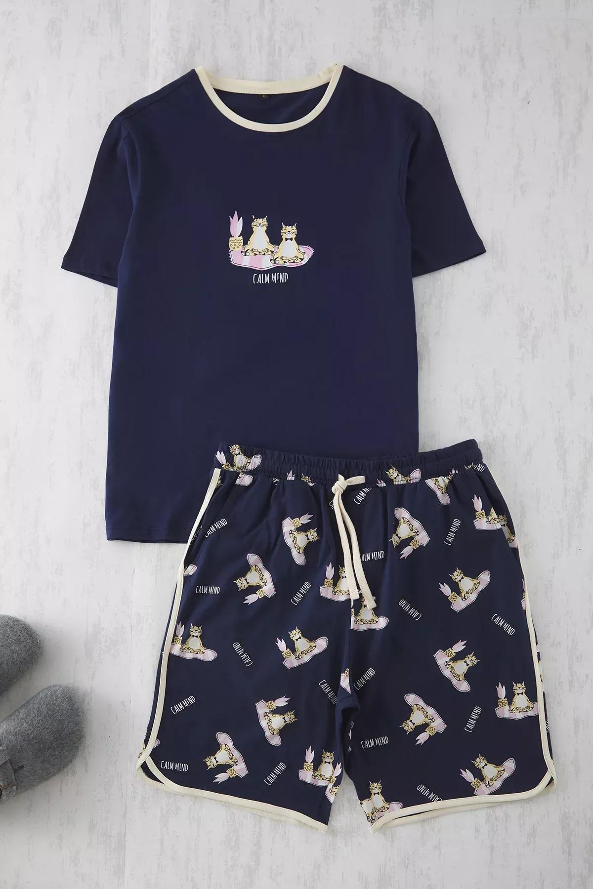 Navy Cat Printed Couple Pajama Set, , large image number 1