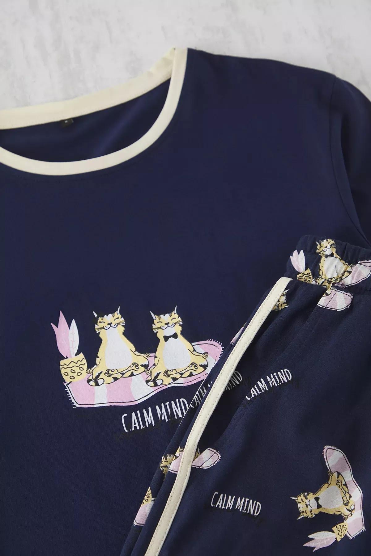 Navy Cat Printed Couple Pajama Set, , large image number 2