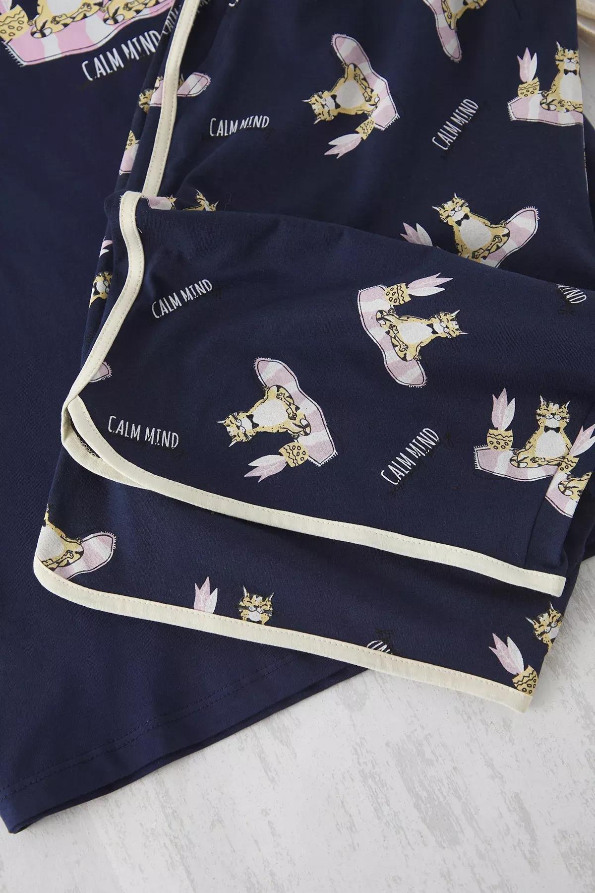 Navy Cat Printed Couple Pajama Set, , large image number 3