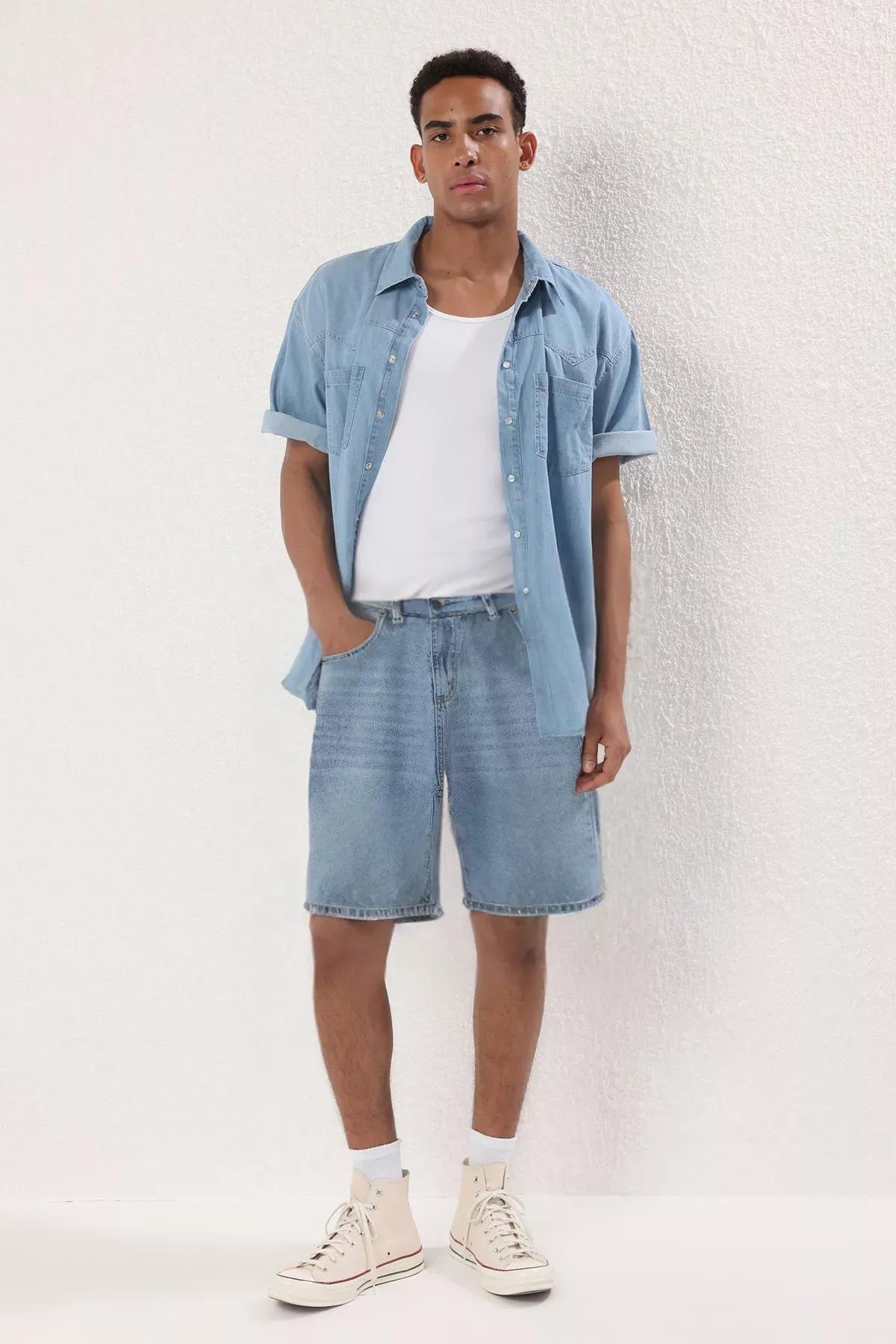 Blue Baggy Denim Shorts, Blue, large image number 1