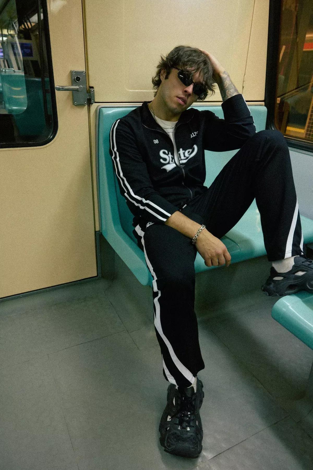 Black Regular Cut Stripe Sweatpants, BLACK, large image number 1