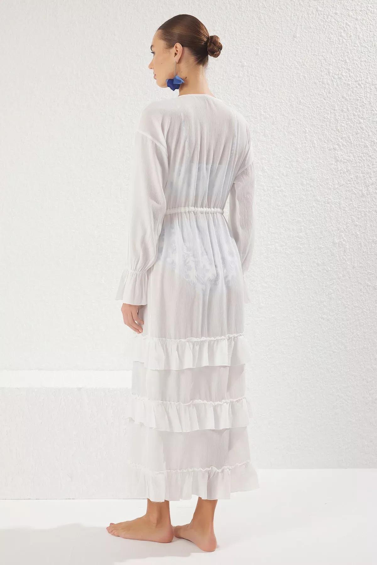 White Maxi Woven Ruffled Beach Kimono, , large image number 4