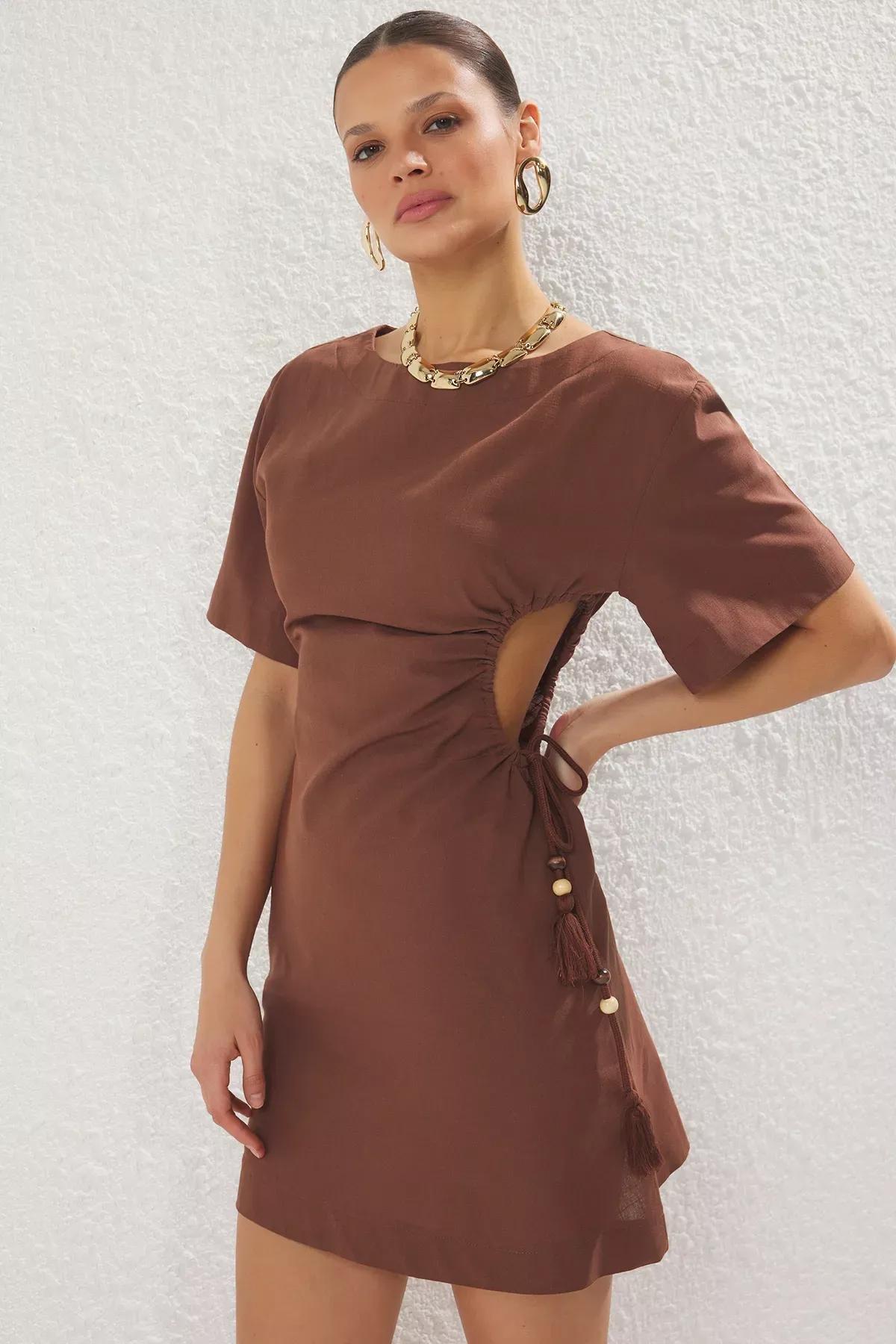 Brown Mini Cut-Out Window Dress, Brown, large image number 0
