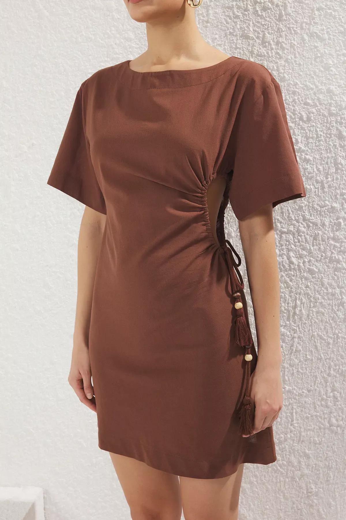 Brown Mini Cut-Out Window Dress, Brown, large image number 2