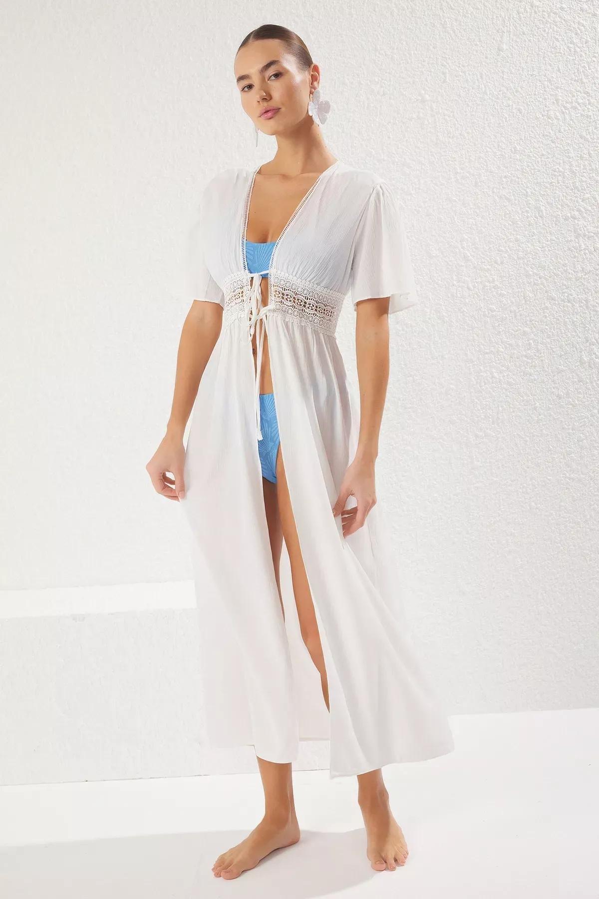 White Maxi Lace Binding Kimono, , large image number 1