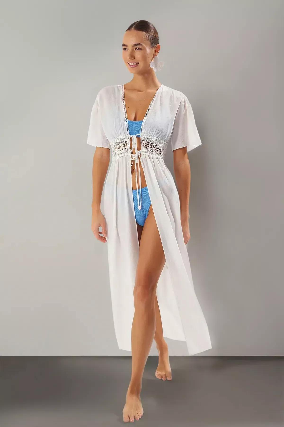 White Maxi Lace Binding Kimono, , large image number 2