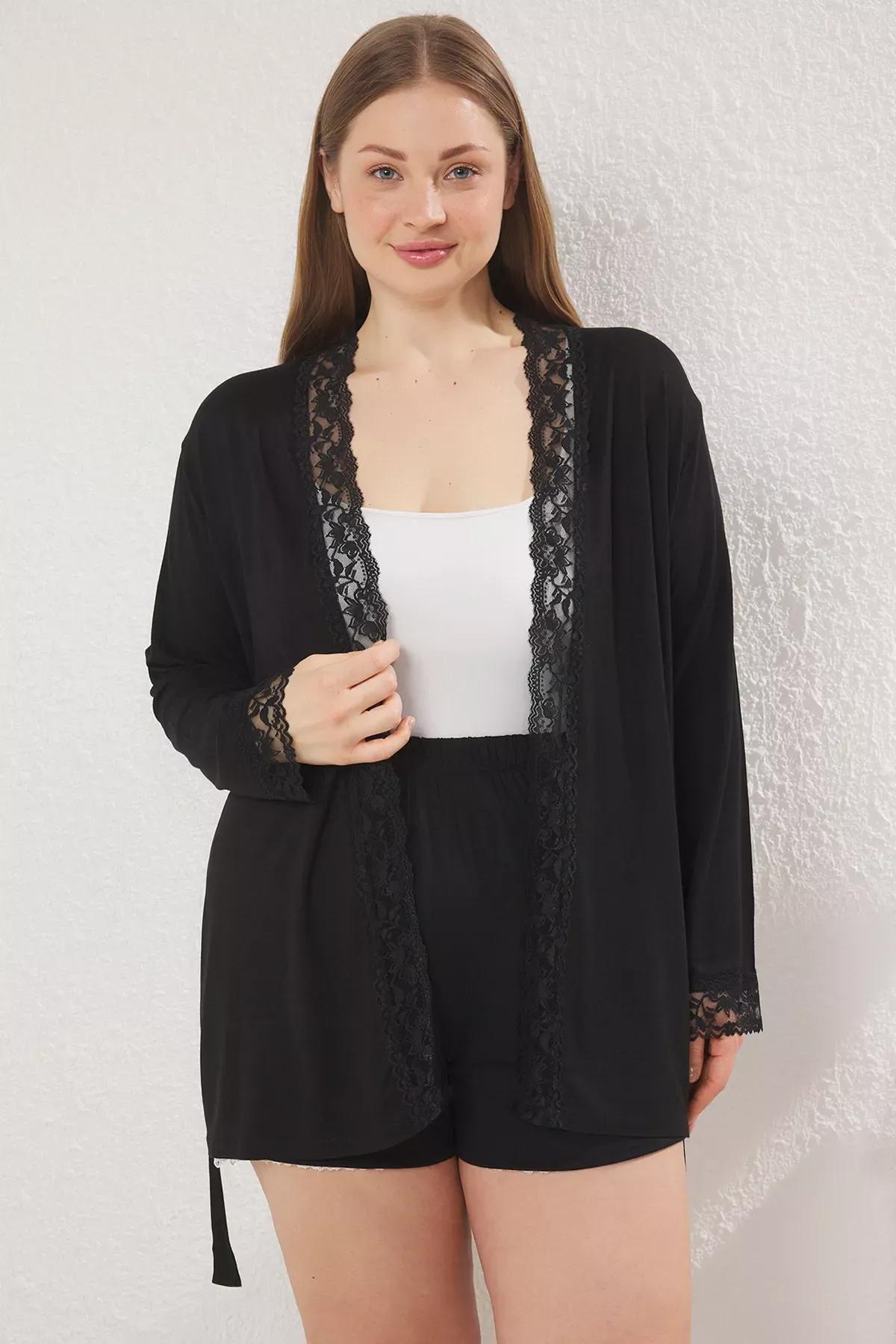 Black Lace Viscose Dressing Gown, , large image number 0