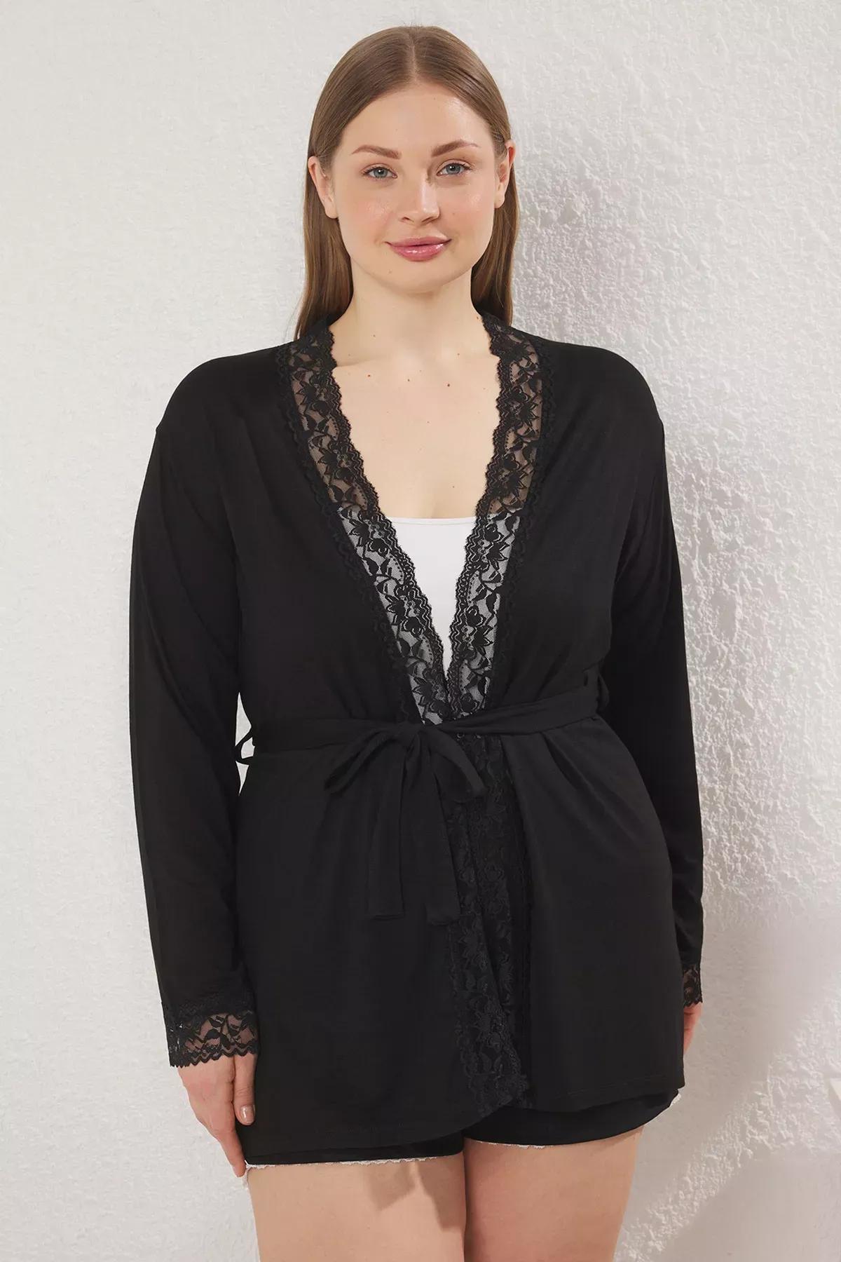 Black Lace Viscose Dressing Gown, , large image number 1