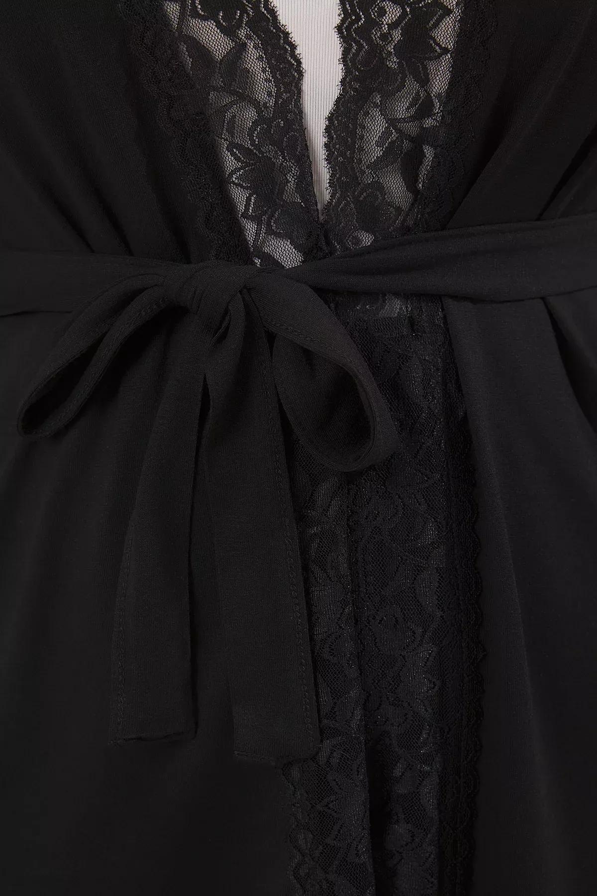 Black Lace Viscose Dressing Gown, , large image number 2