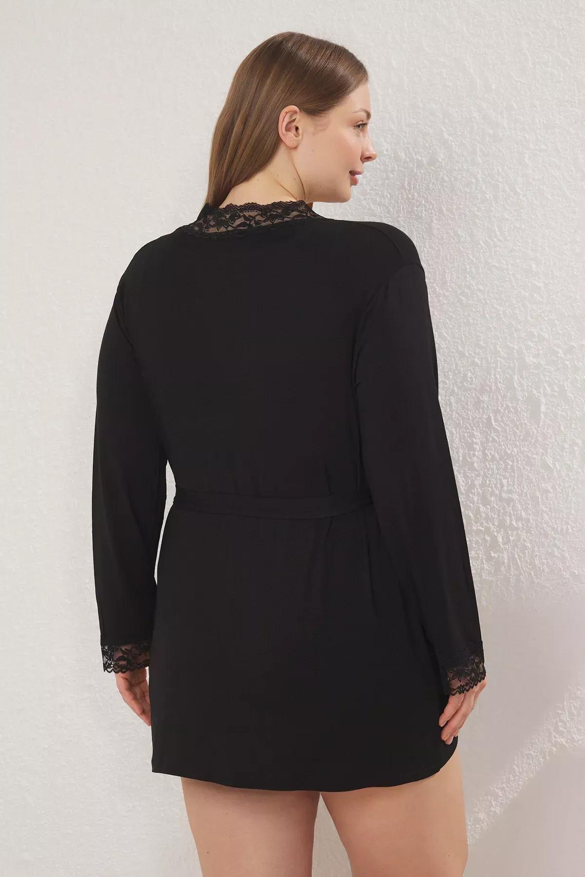 Black Lace Viscose Dressing Gown, , large image number 3