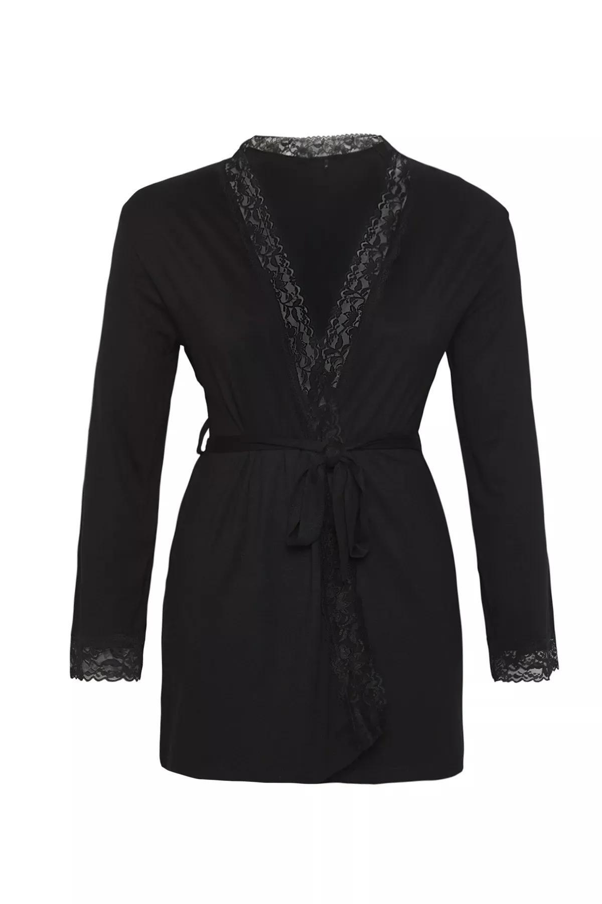 Black Lace Viscose Dressing Gown, , large image number 4