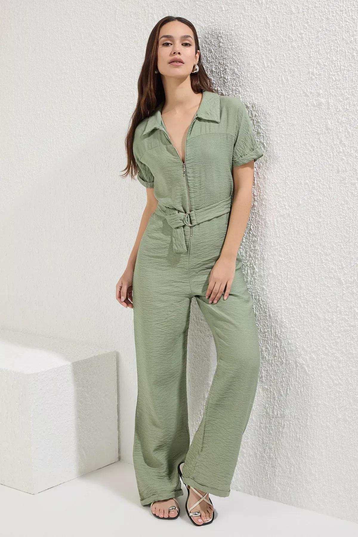 Green Belted Zipper Detail Overalls, , large image number 0