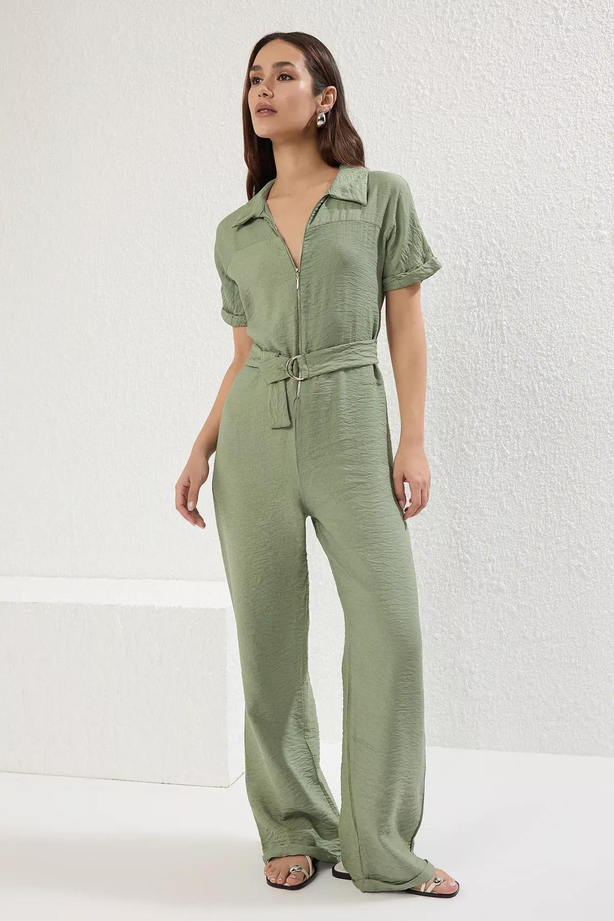 Green Belted Zipper Detail Overalls, , large image number 1