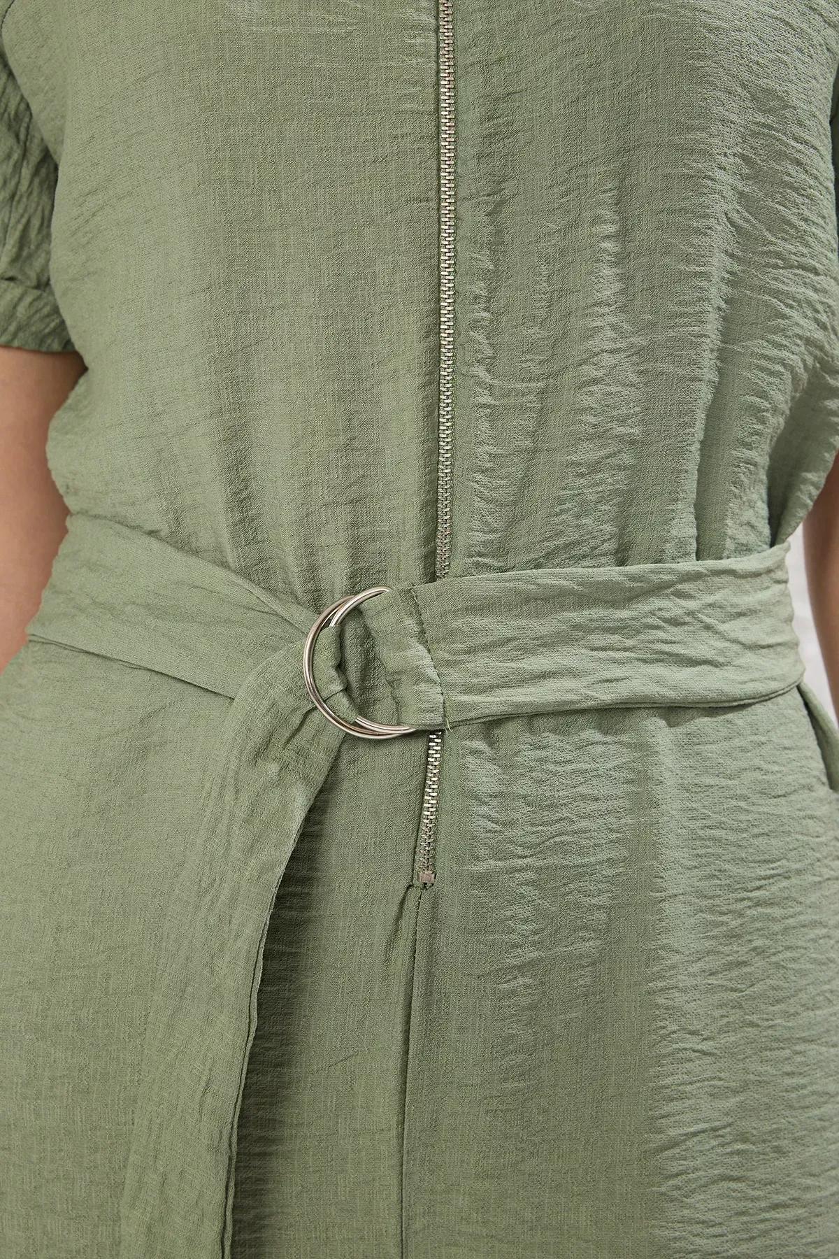 Green Belted Zipper Detail Overalls, , large image number 2
