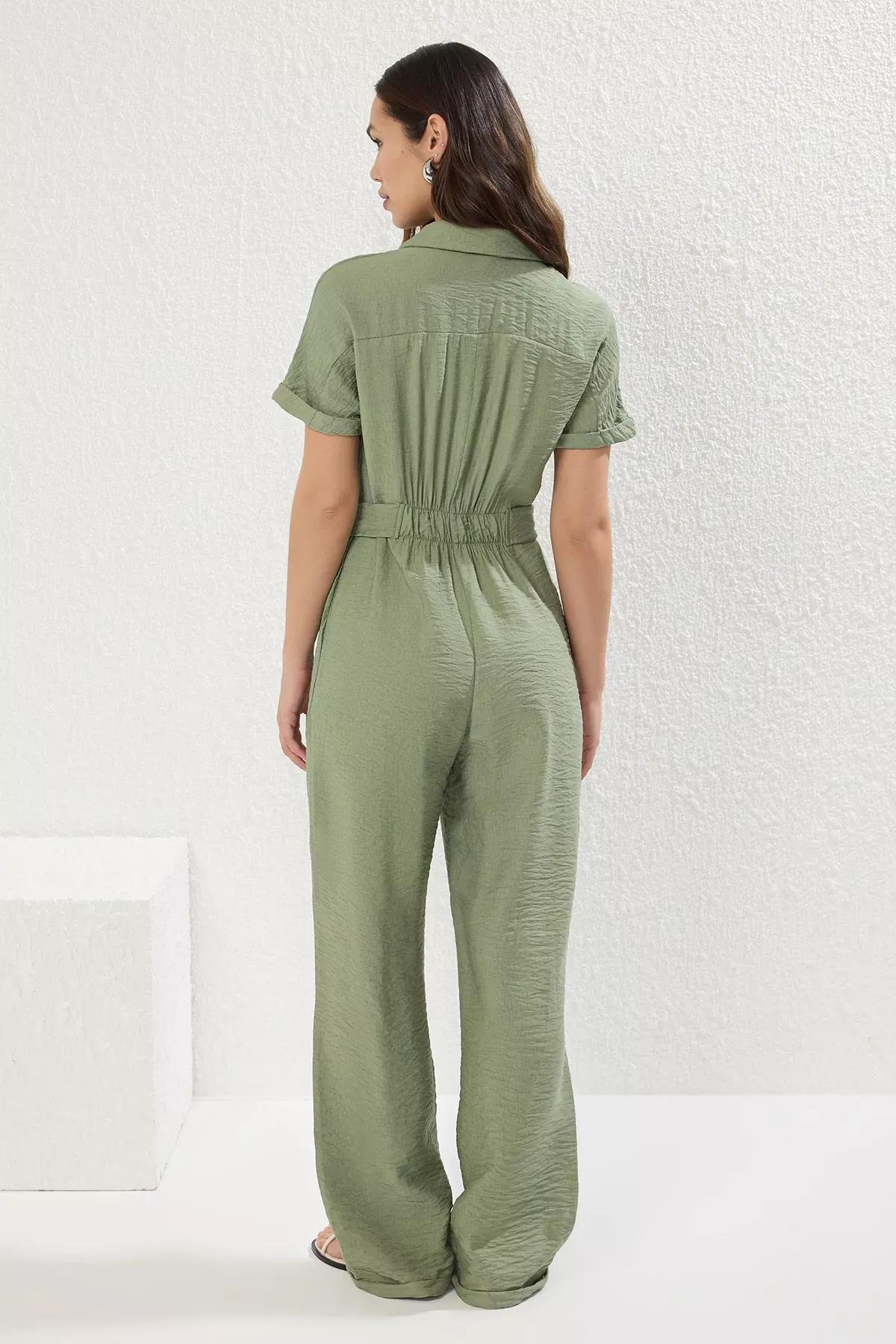Green Belted Zipper Detail Overalls, , large image number 3
