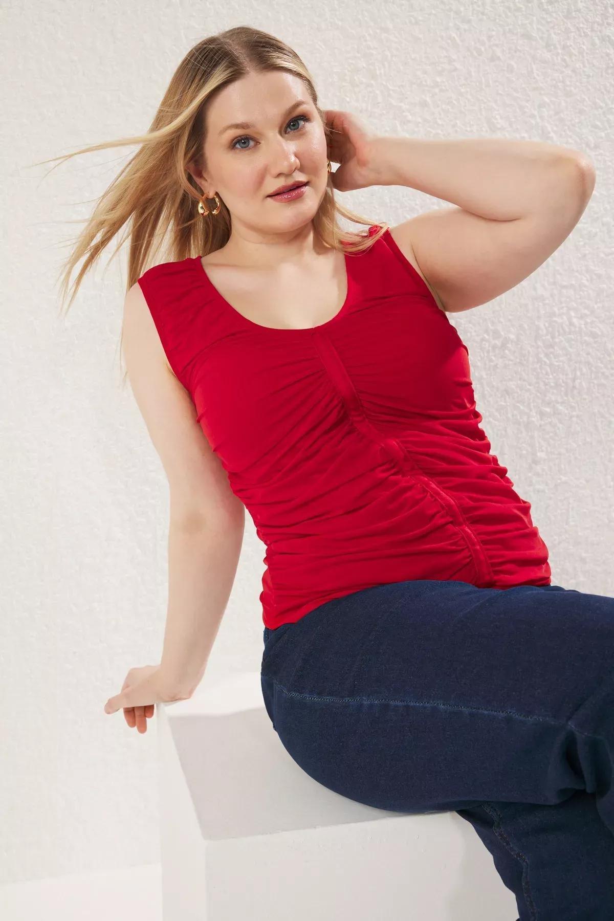 Red V-Neck Pleated Tulle Plus-Size Blouse, Red, large image number 1