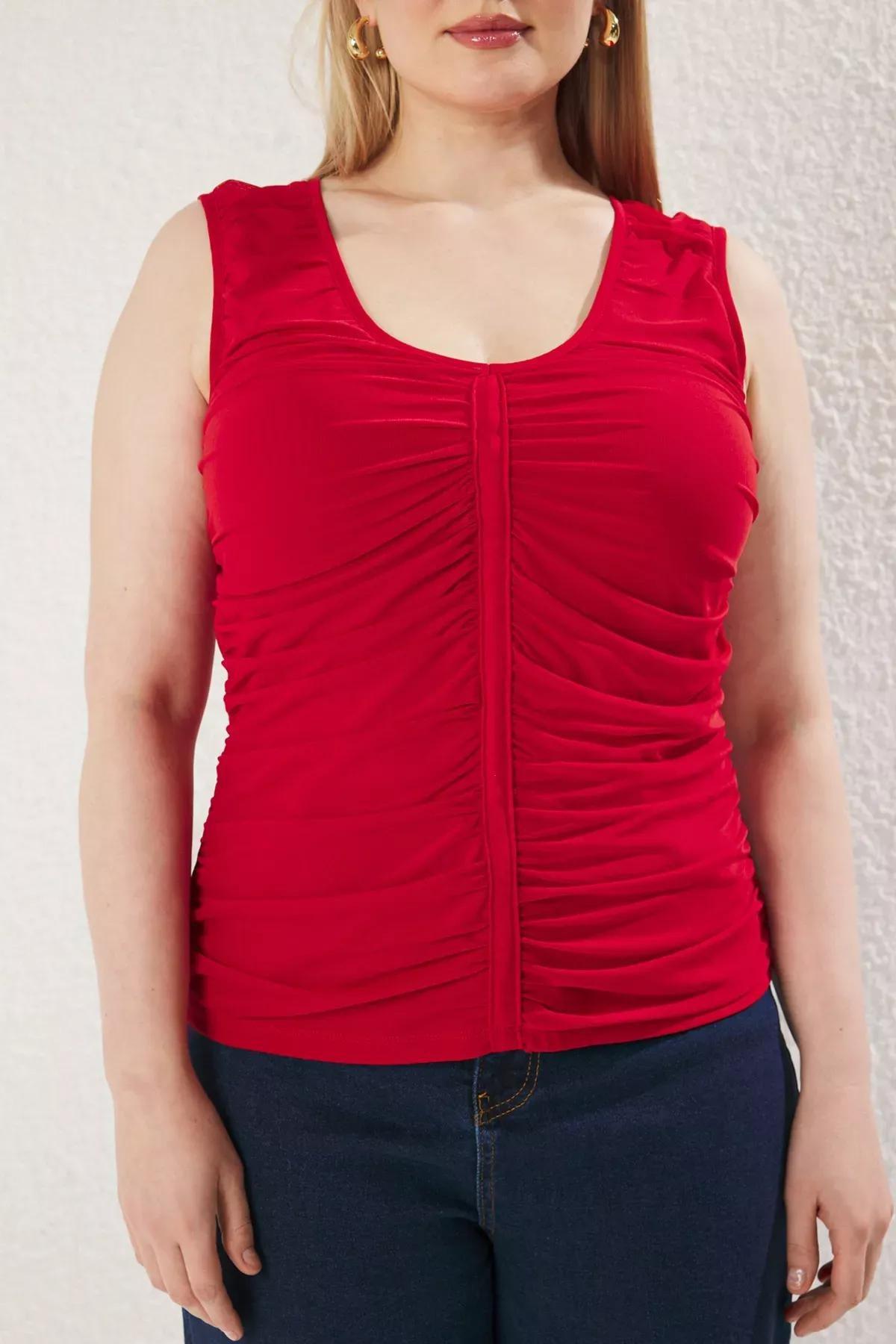 Red V-Neck Pleated Tulle Plus-Size Blouse, Red, large image number 2