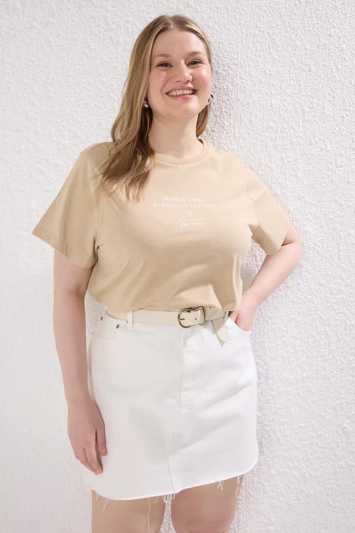 Beige Printed Cotton Knitted Plus-Size T-Shirt, , large image number 0
