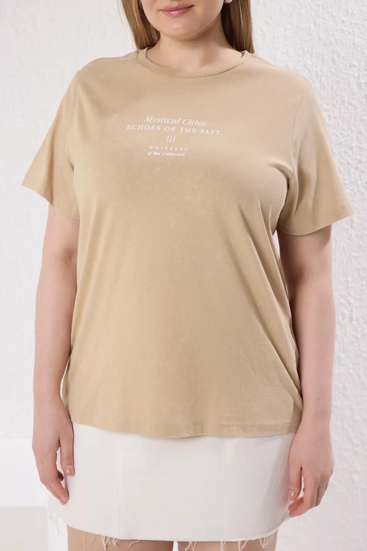 Beige Printed Cotton Knitted Plus-Size T-Shirt, , large image number 2