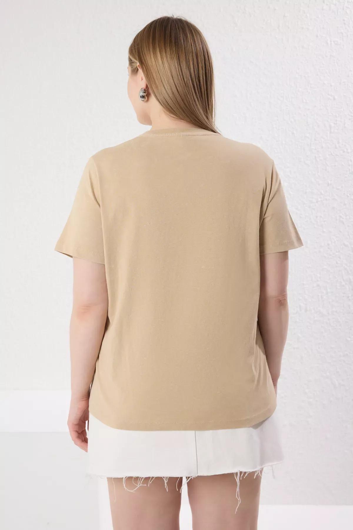 Beige Printed Cotton Knitted Plus-Size T-Shirt, , large image number 4