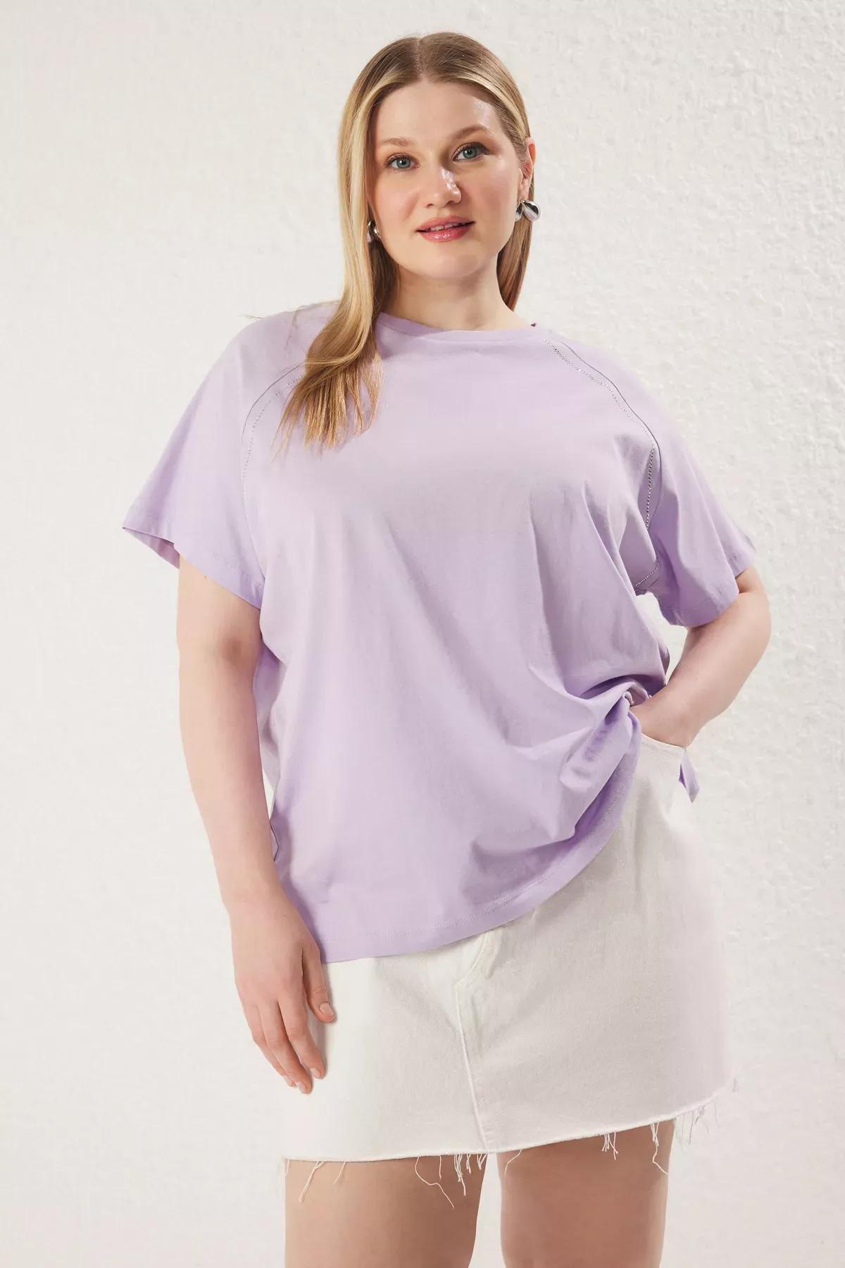 Purple Crew Neck Stoned Patterned Knitted T-Shirt, , large image number 1