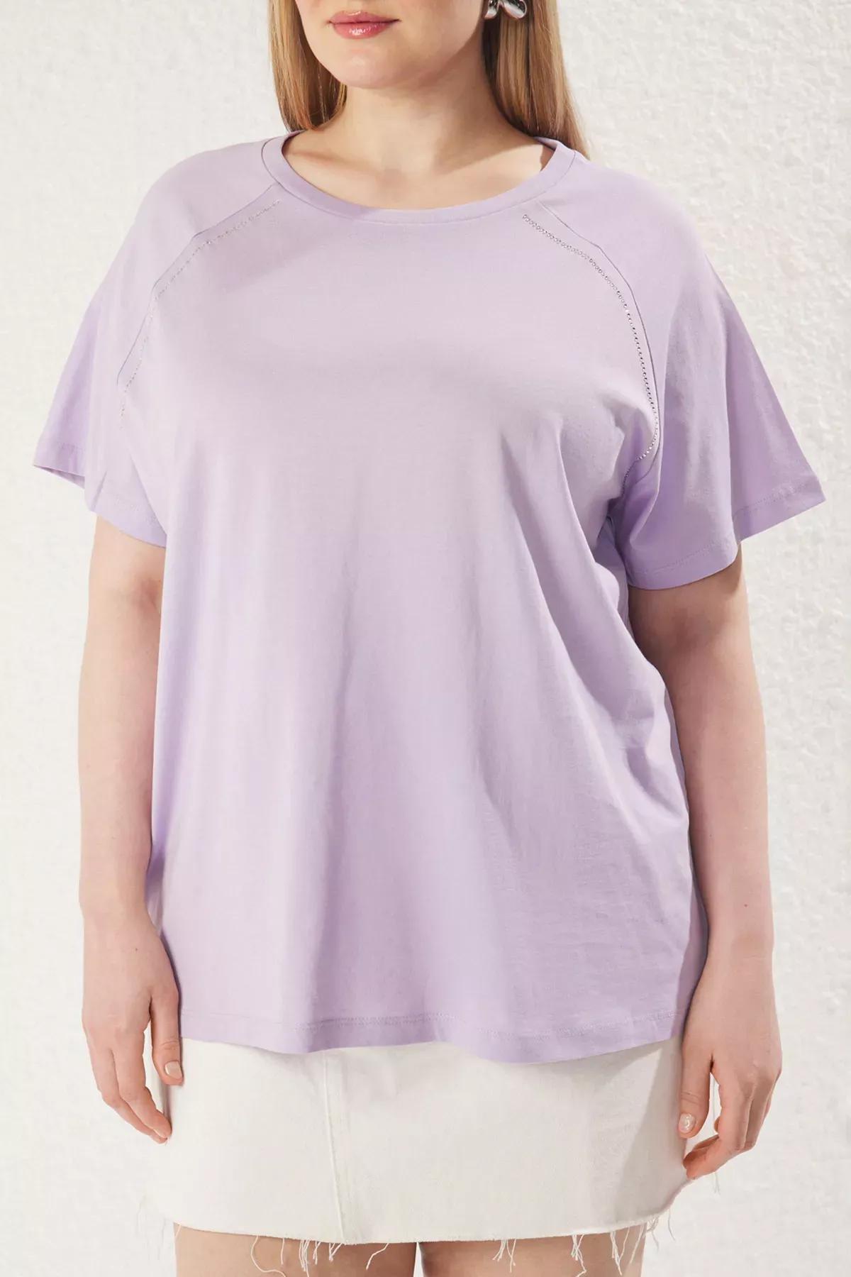 Purple Crew Neck Stoned Patterned Knitted T-Shirt, , large image number 2
