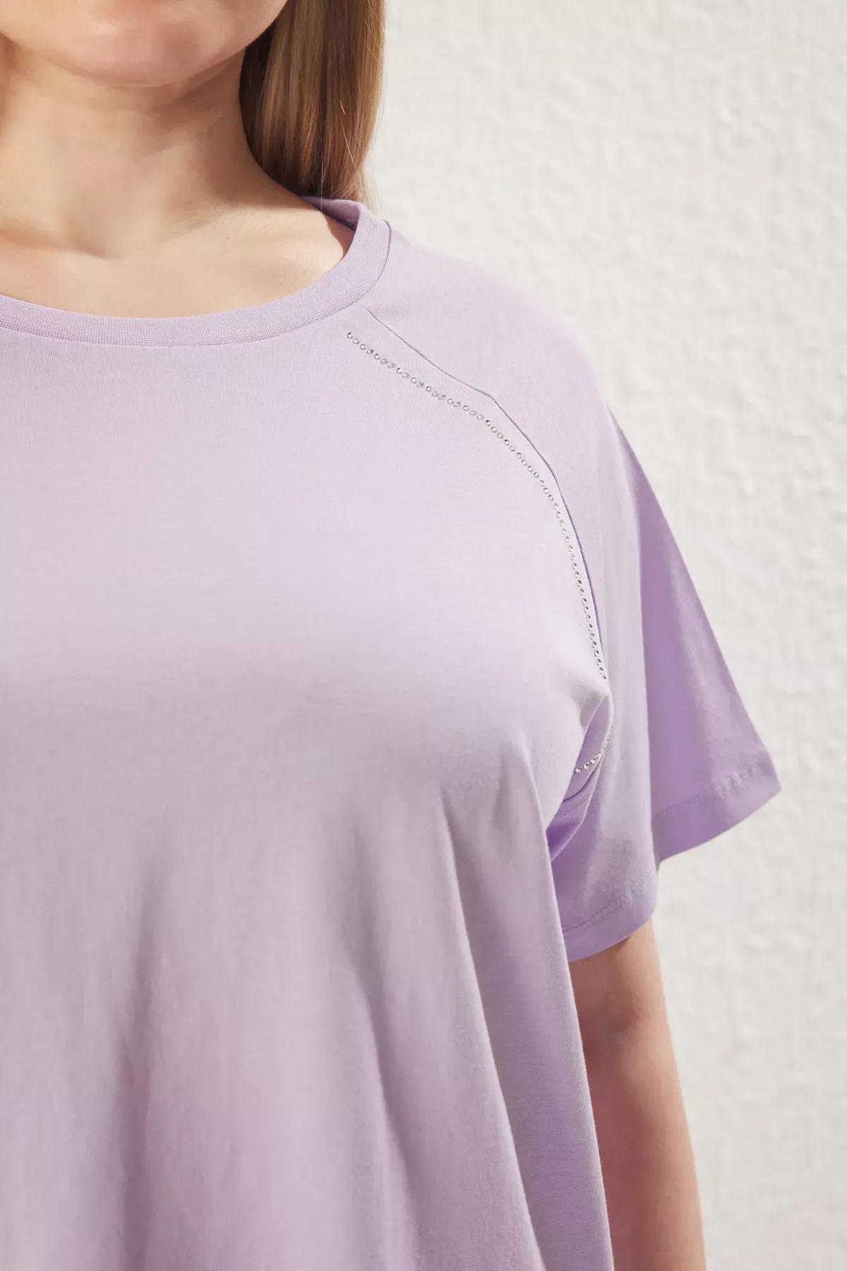 Purple Crew Neck Stoned Patterned Knitted T-Shirt, , large image number 3