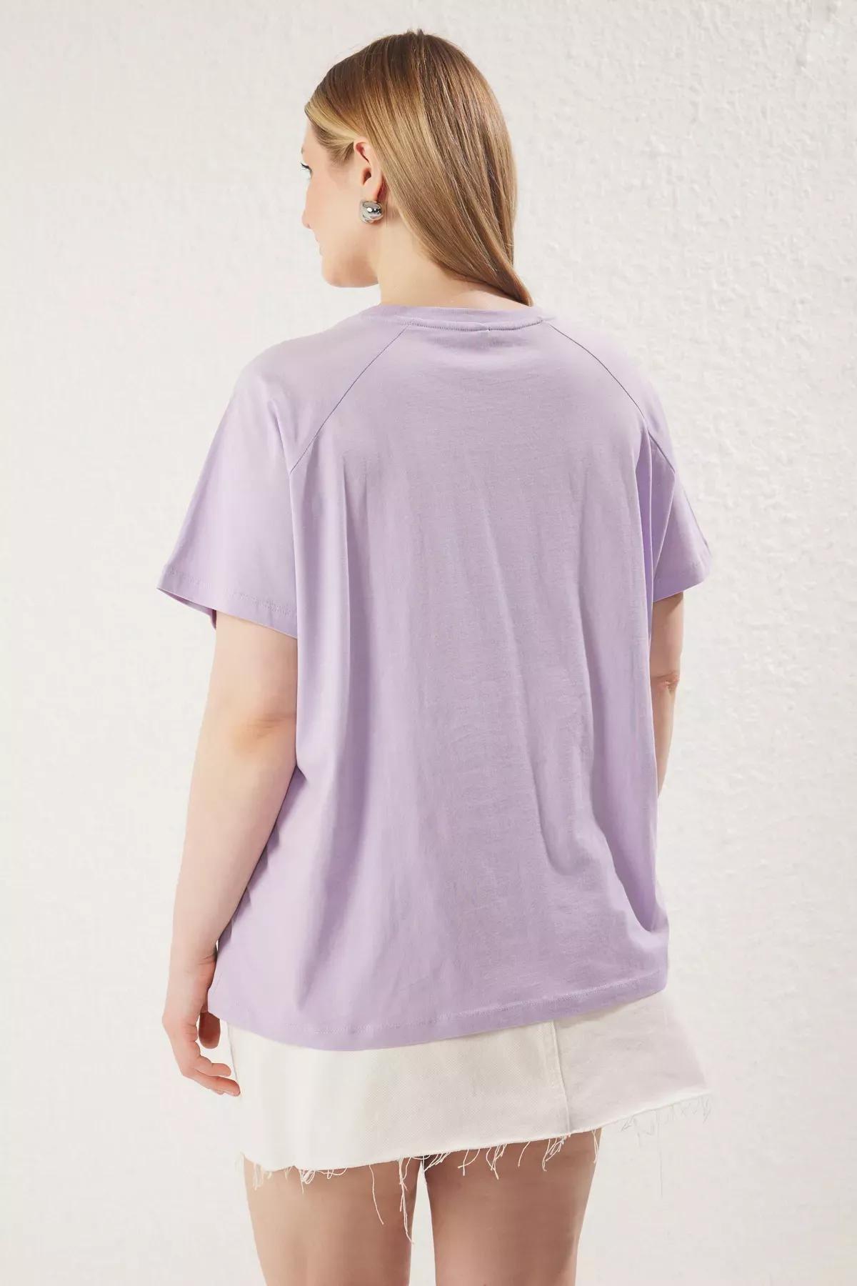 Purple Crew Neck Stoned Patterned Knitted T-Shirt, , large image number 4