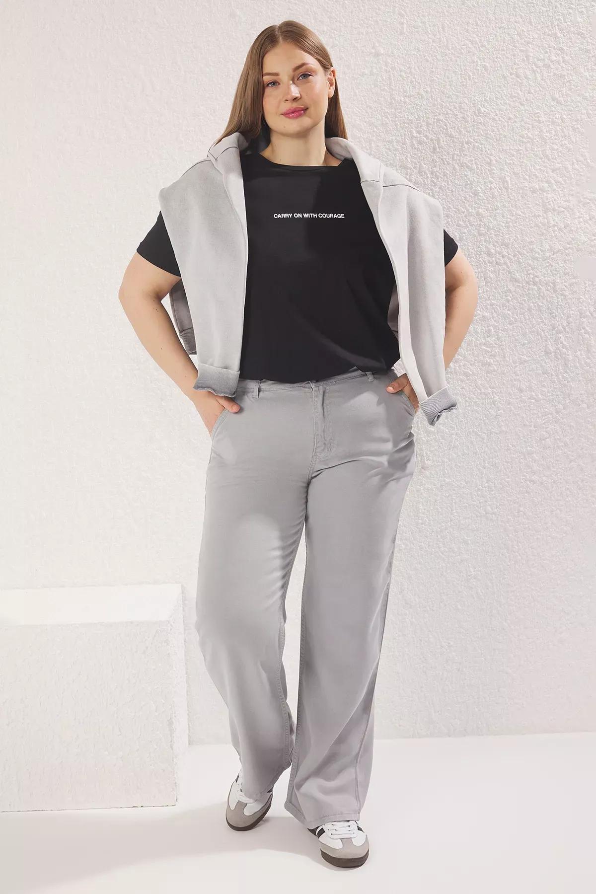 Grey High Waist Plus-Size Wide Leg Jeans, , large image number 1