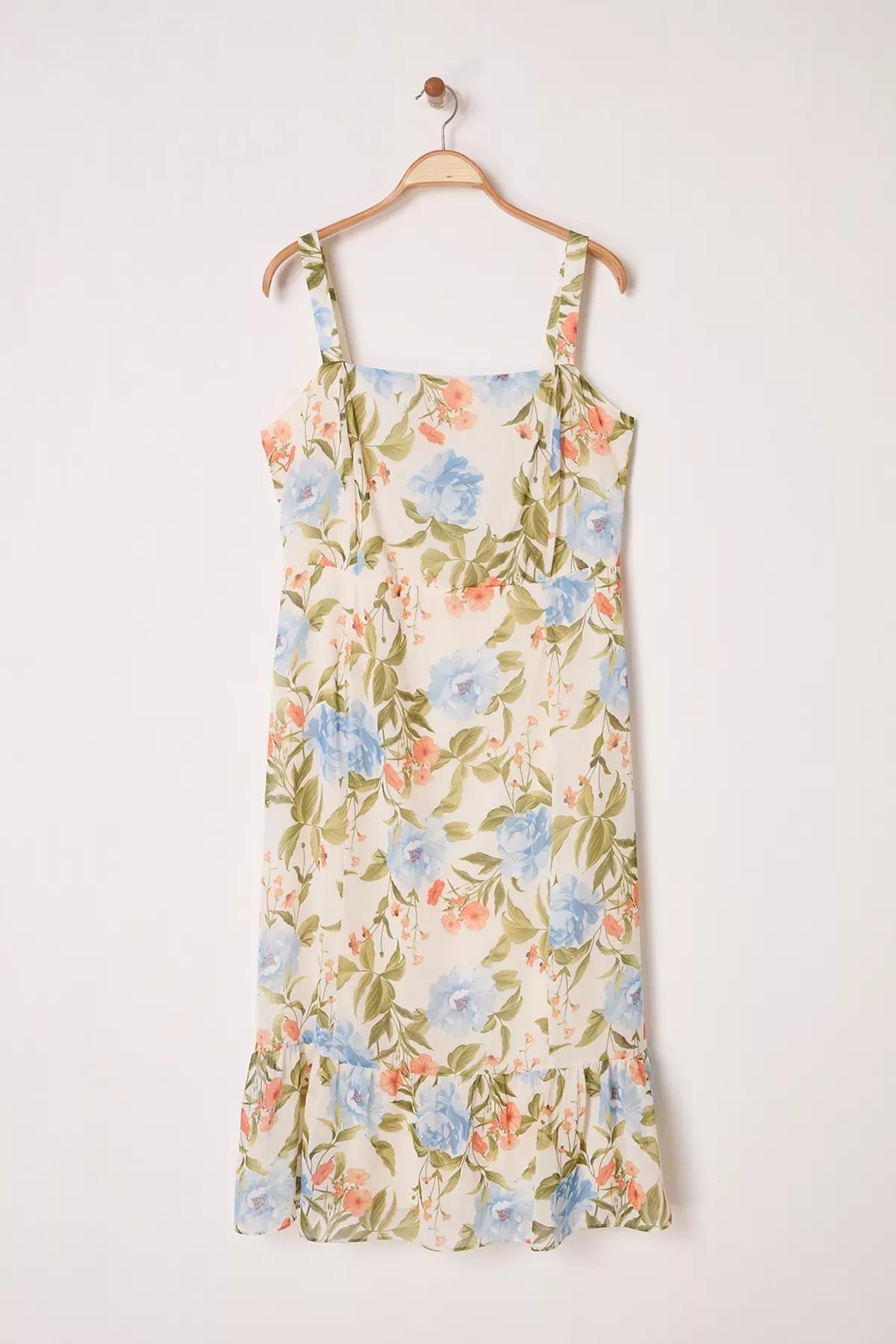 Beige Square Neck Floral Patterned Plus-Size Dress, , large image number 0