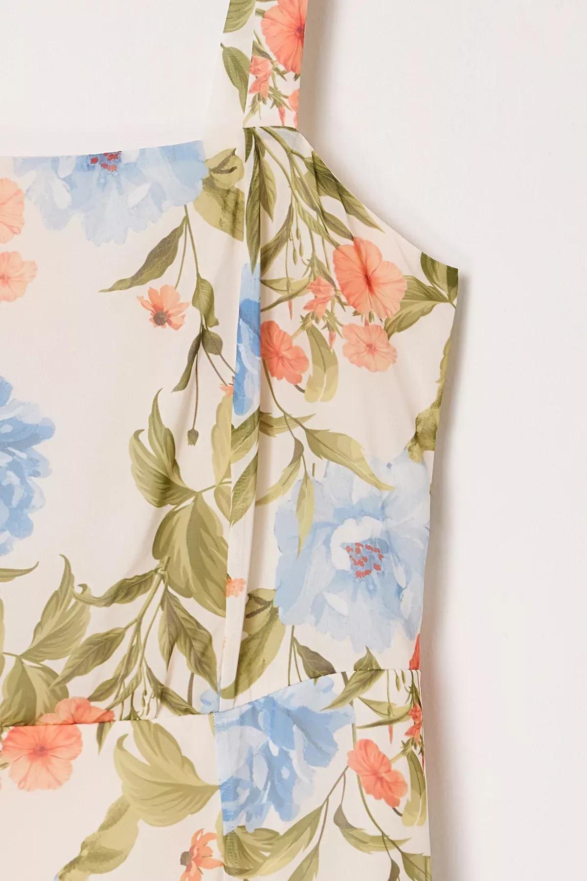 Beige Square Neck Floral Patterned Plus-Size Dress, , large image number 1