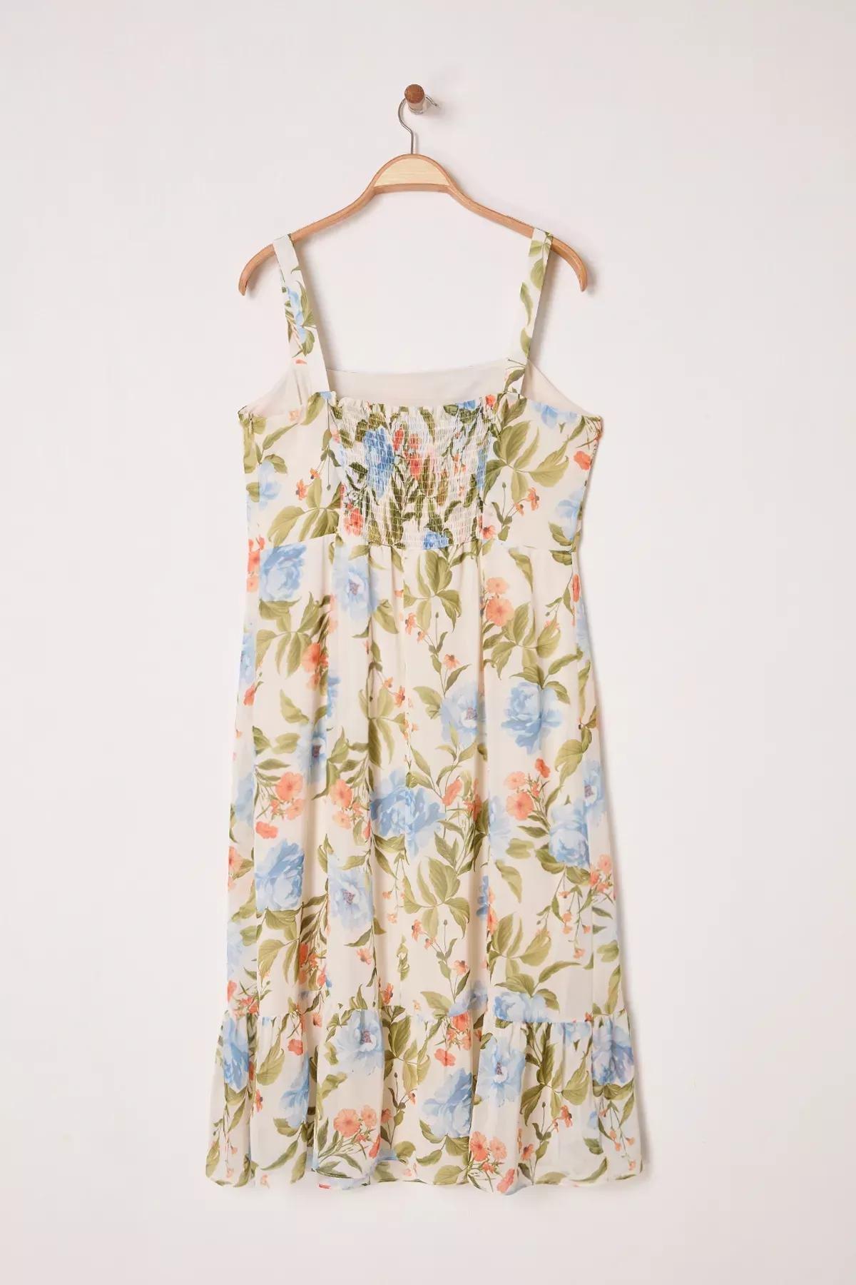 Beige Square Neck Floral Patterned Plus-Size Dress, , large image number 2