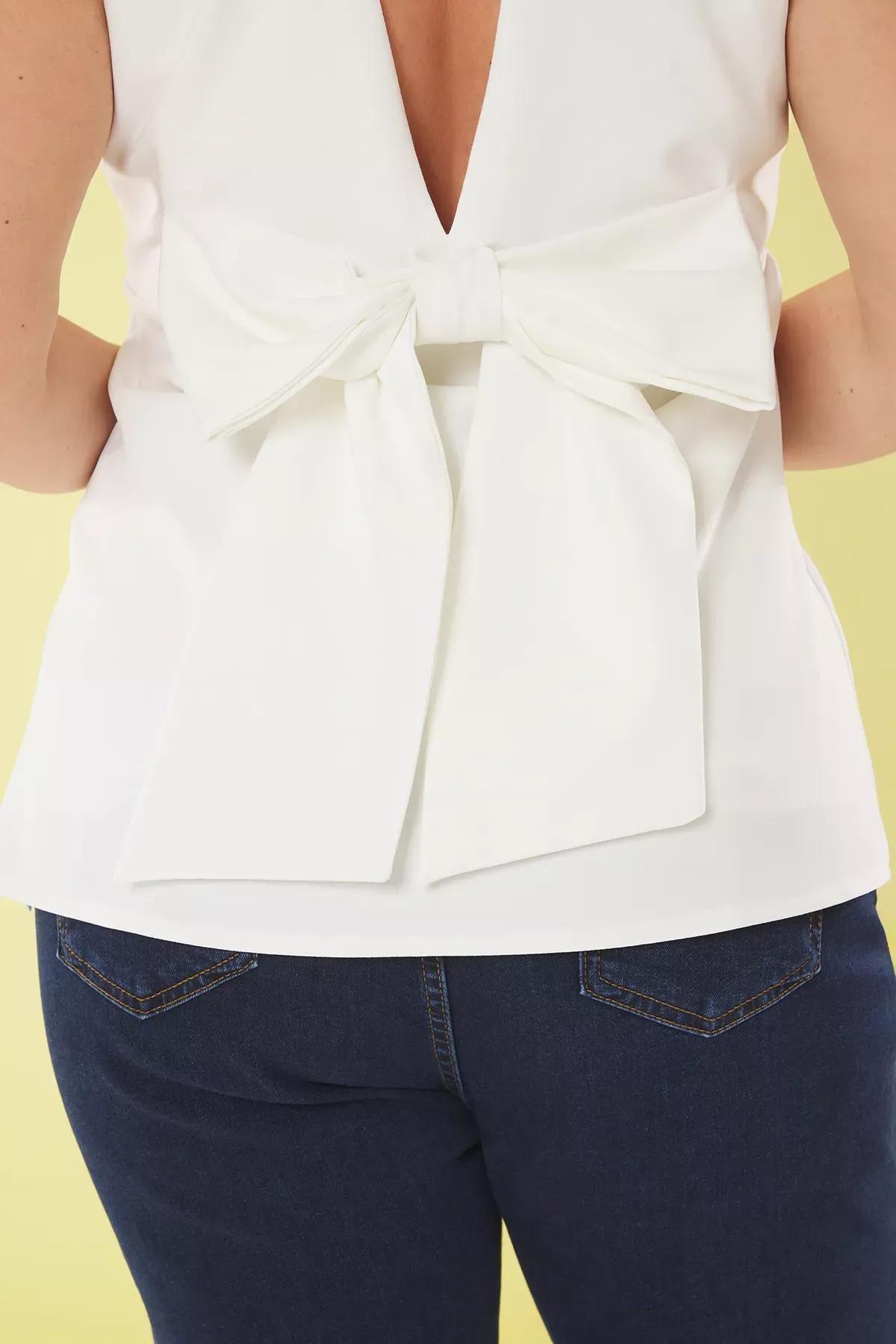 White Backless Bow Blouse, White, large image number 2