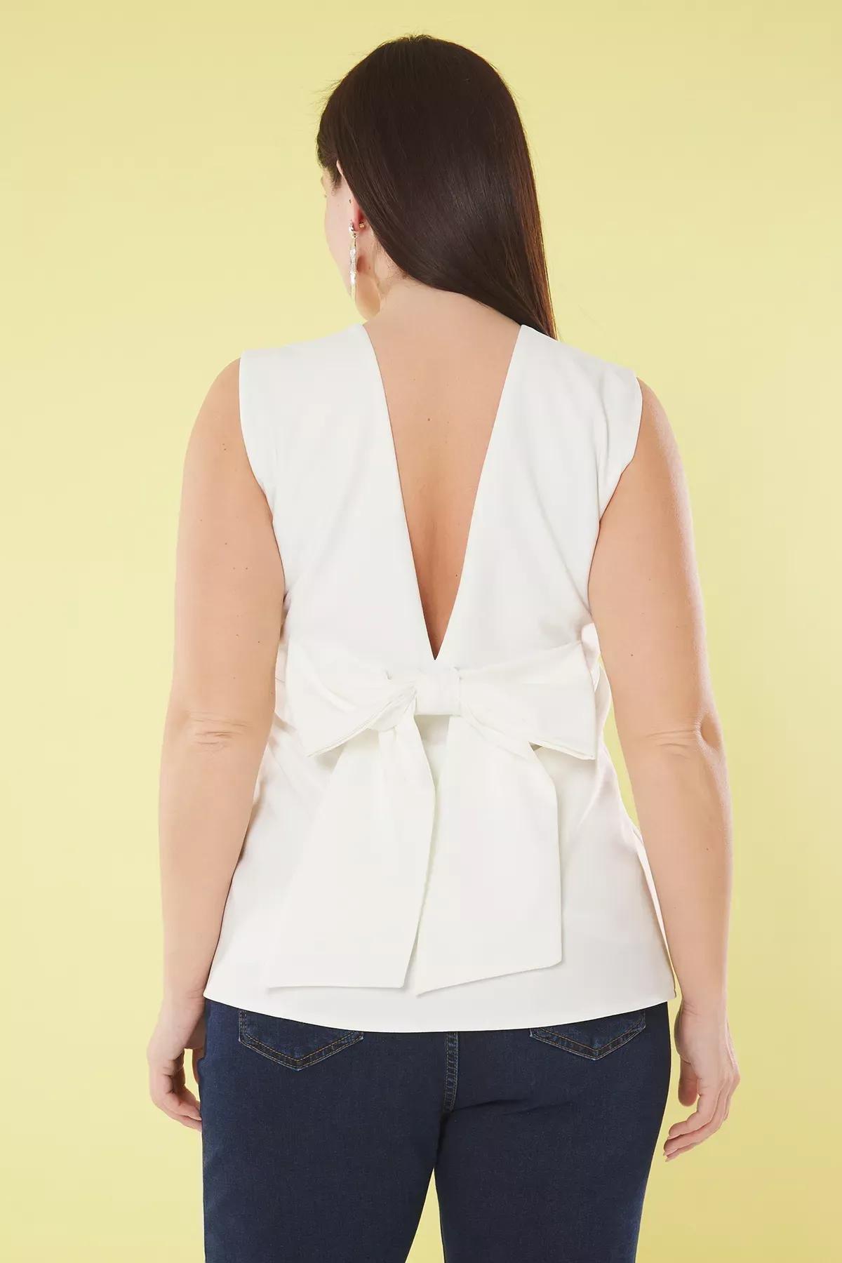 White Backless Bow Blouse, White, large image number 3