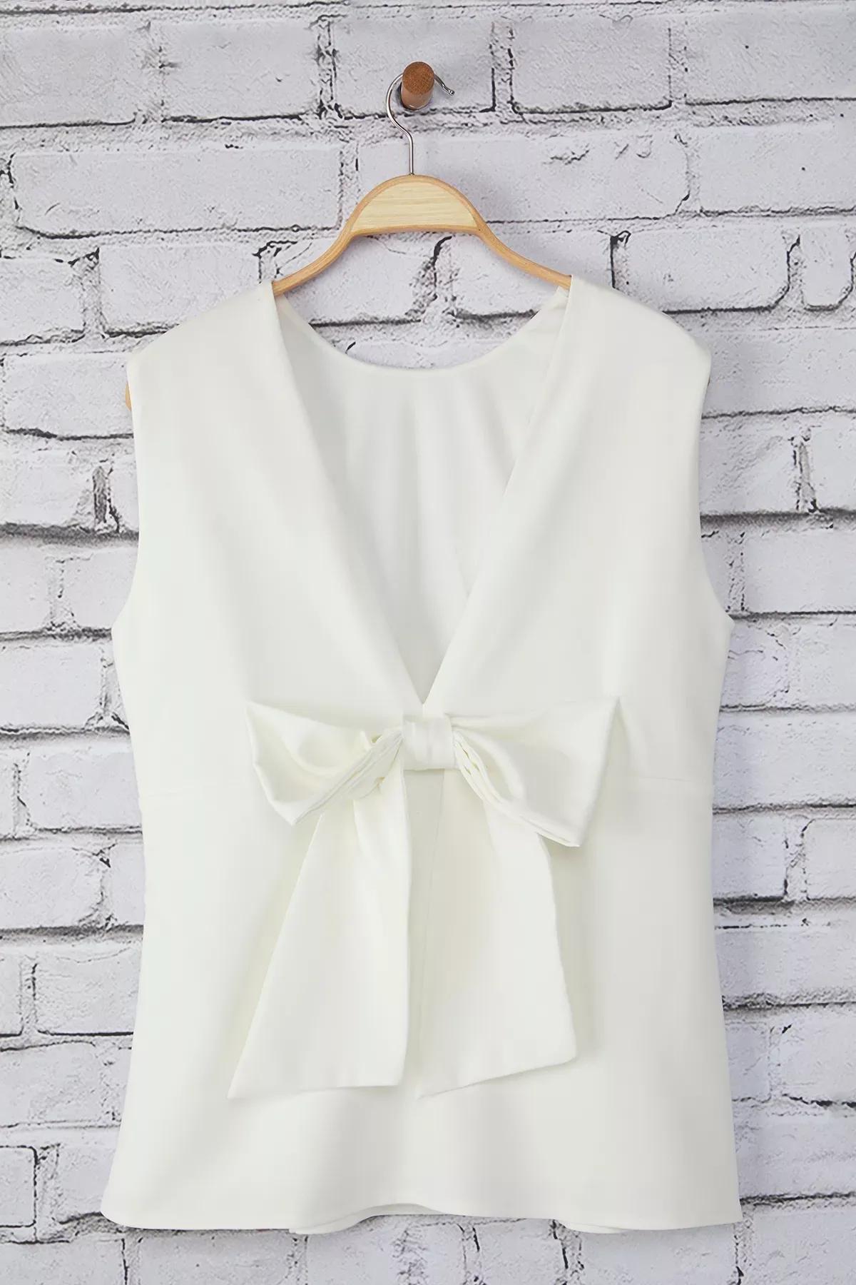 White Backless Bow Blouse, White, large image number 4