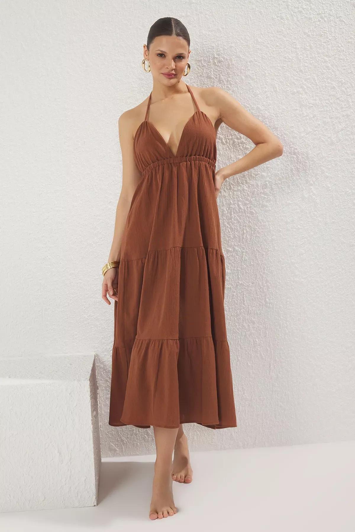 Brown Maxi Strappy Dress, , large image number 0