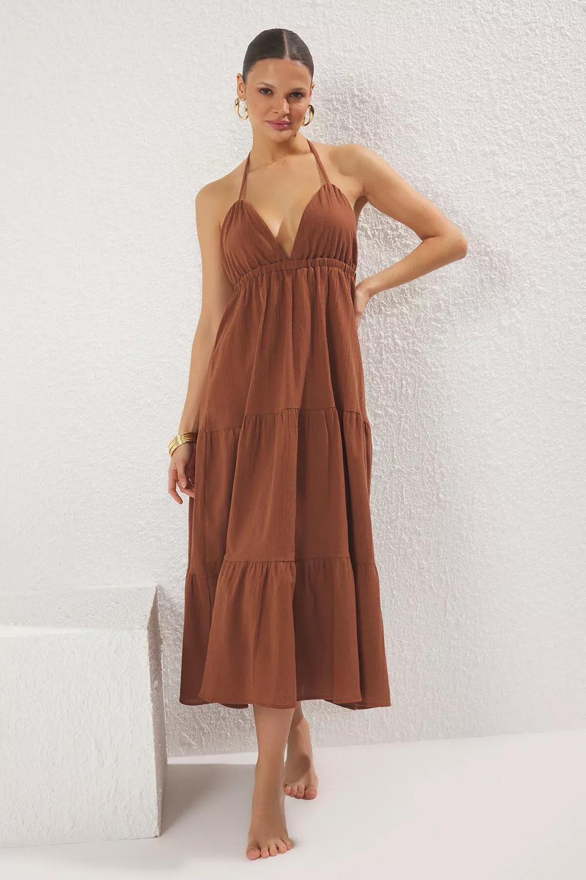 Brown Maxi Strappy Dress, Brown, large image number 0