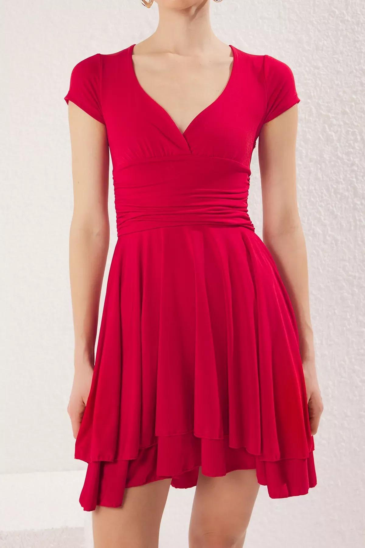 Red Plain Skater Knit Mini Dress, Red, large image number 2