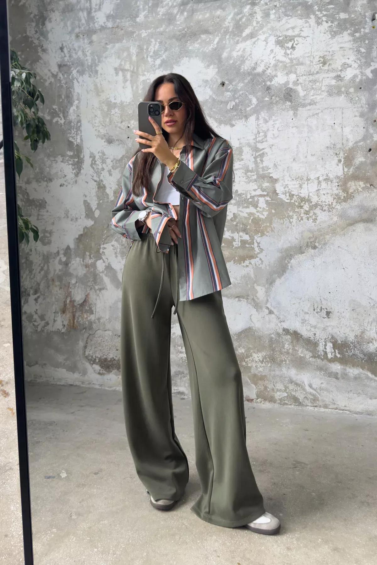 Green Wide Leg Elastic Trousers, Khaki, large image number 1