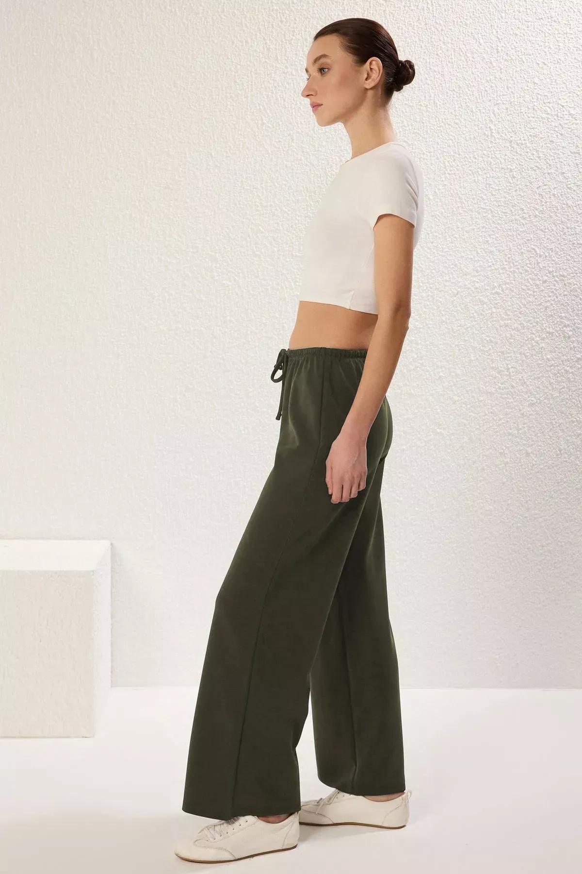 Green Wide Leg Elastic Trousers, Khaki, large image number 2