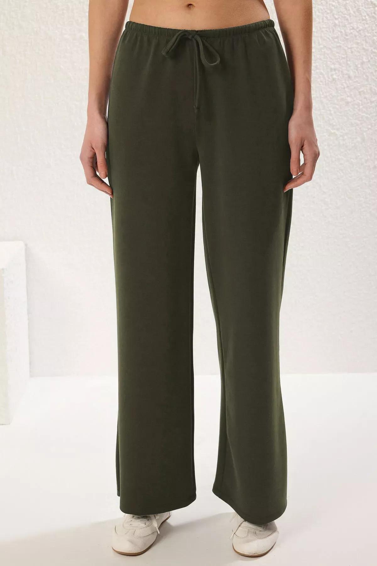 Green Wide Leg Elastic Trousers, Khaki, large image number 3