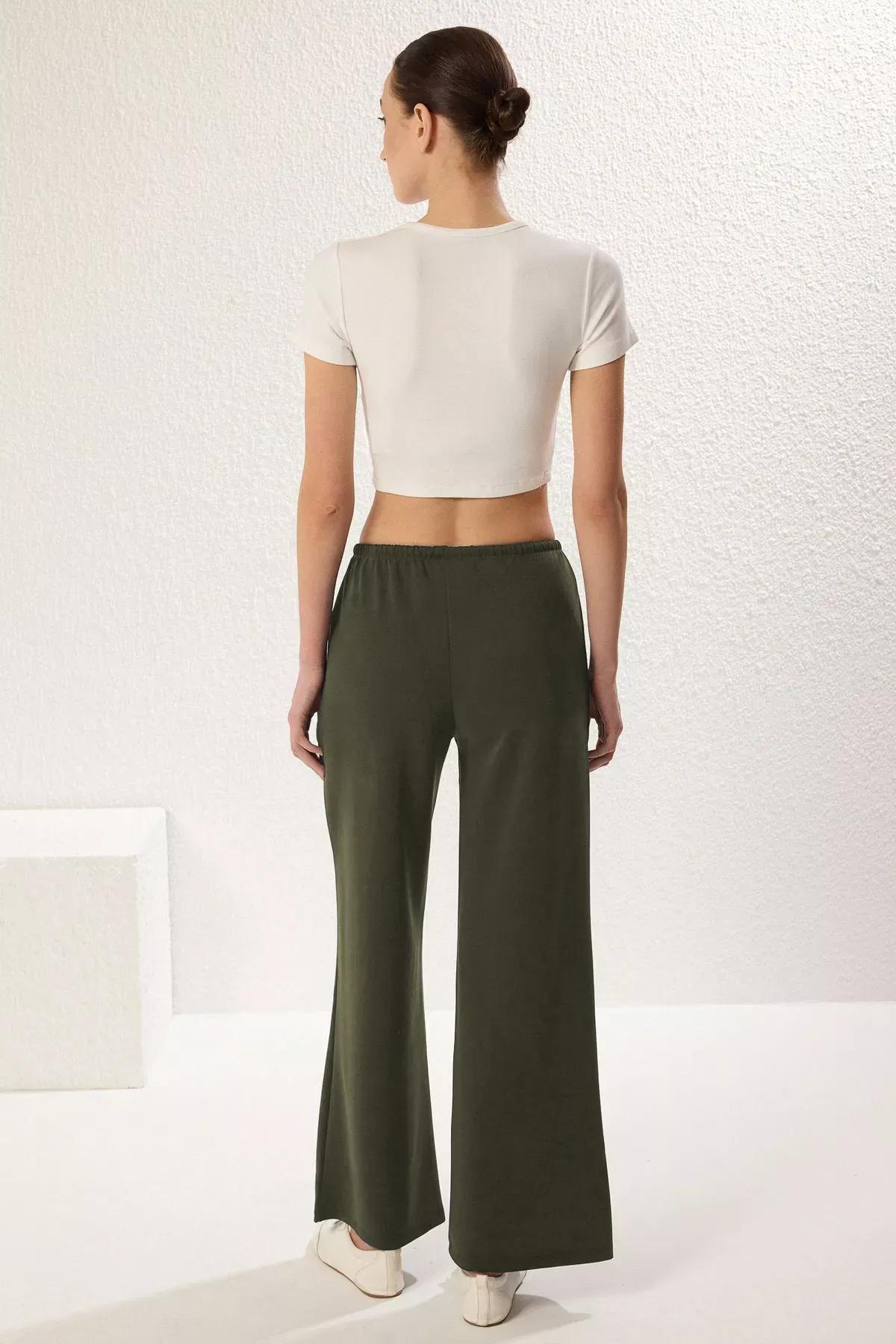 Green Wide Leg Elastic Trousers, Khaki, large image number 4