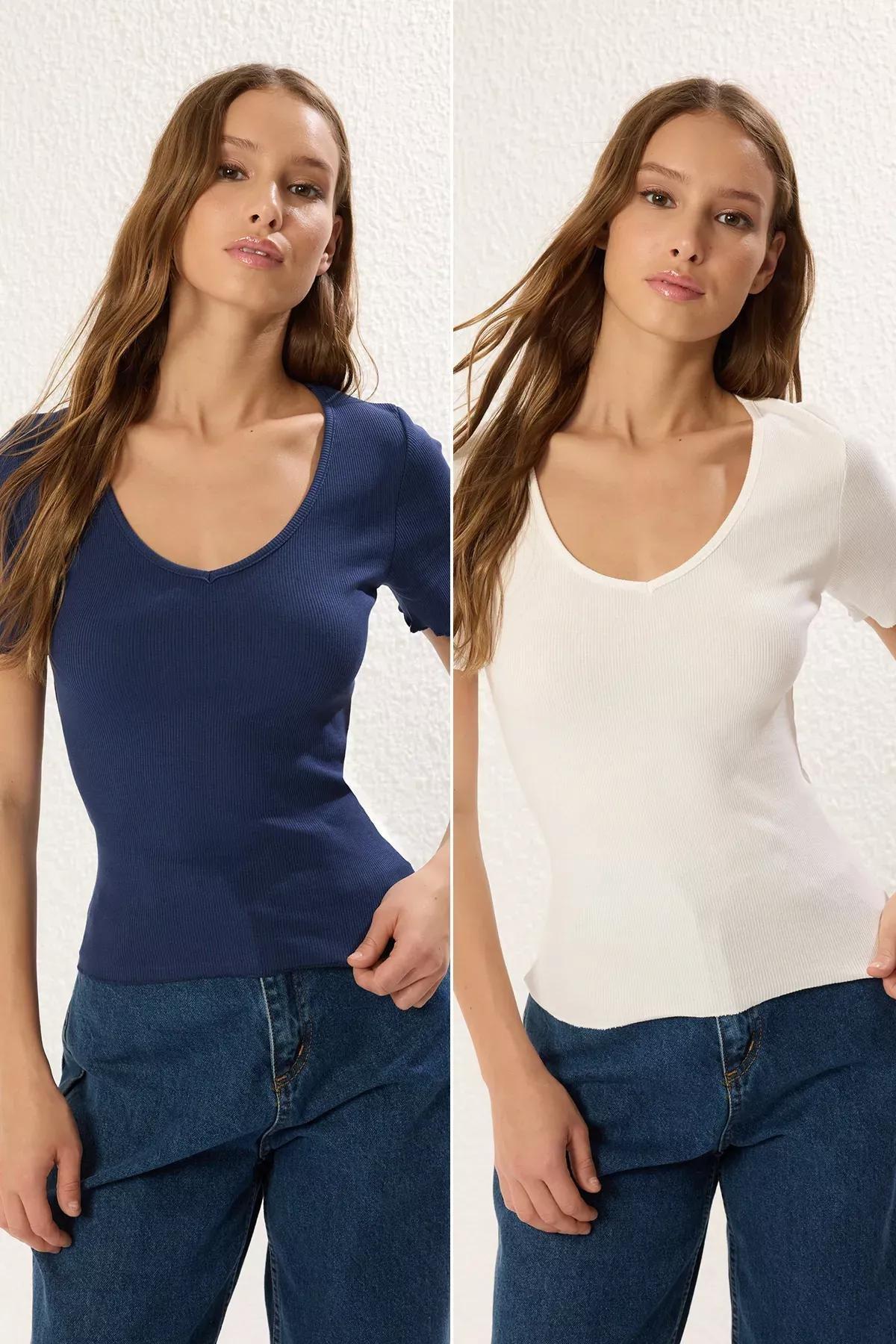 Navy Beige Ribbed V-Neck Blouse, C101_5342, large image number 0