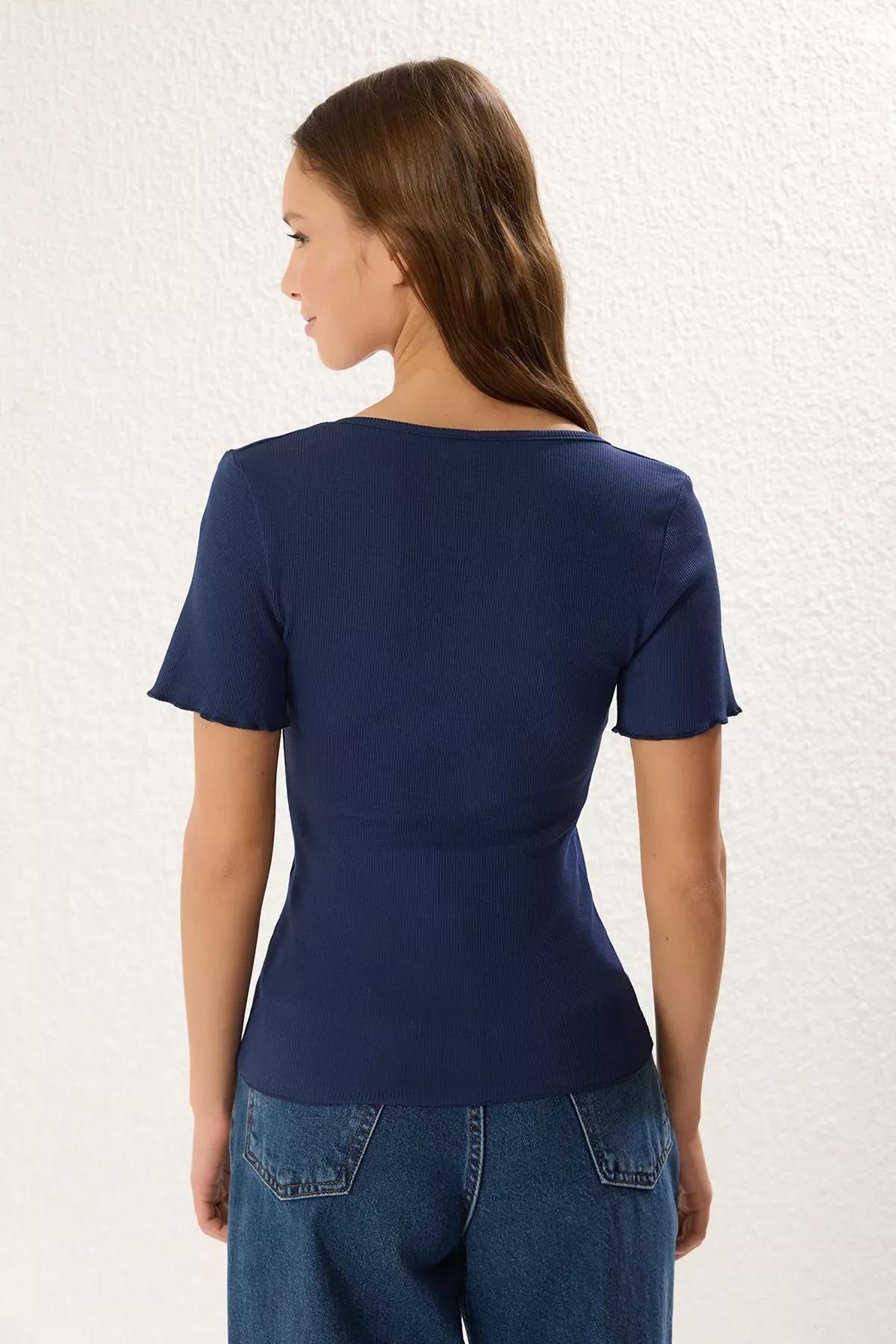 Navy Beige Ribbed V-Neck Blouse, C101_5342, large image number 3