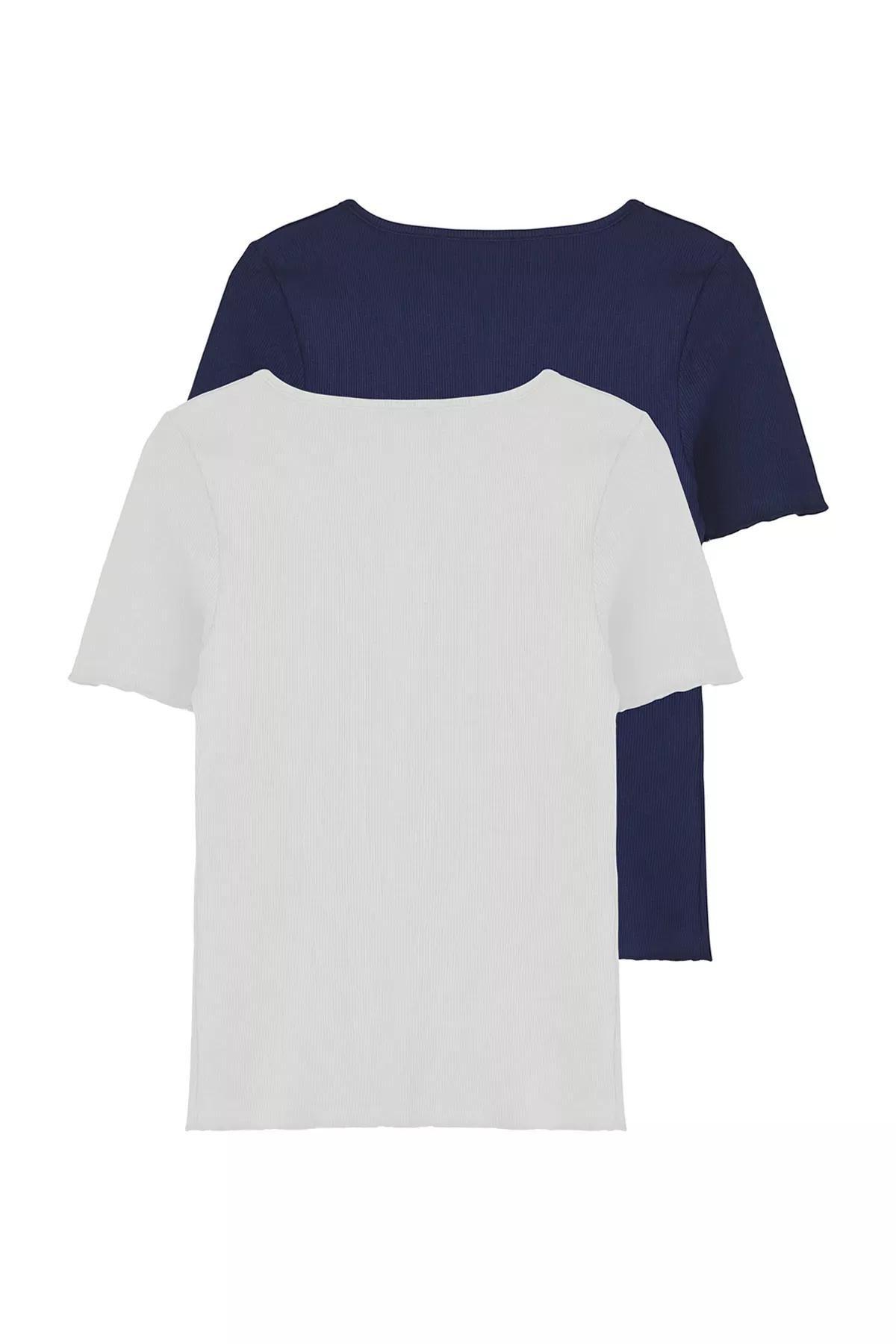 Navy Beige Ribbed V-Neck Blouse, C101_5342, large image number 6