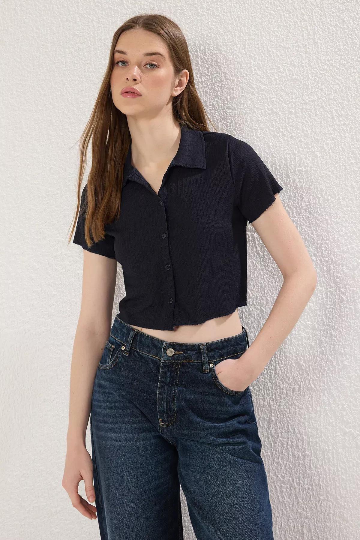 Navy Polo Button Knit Blouse, Navy blue, large image number 1
