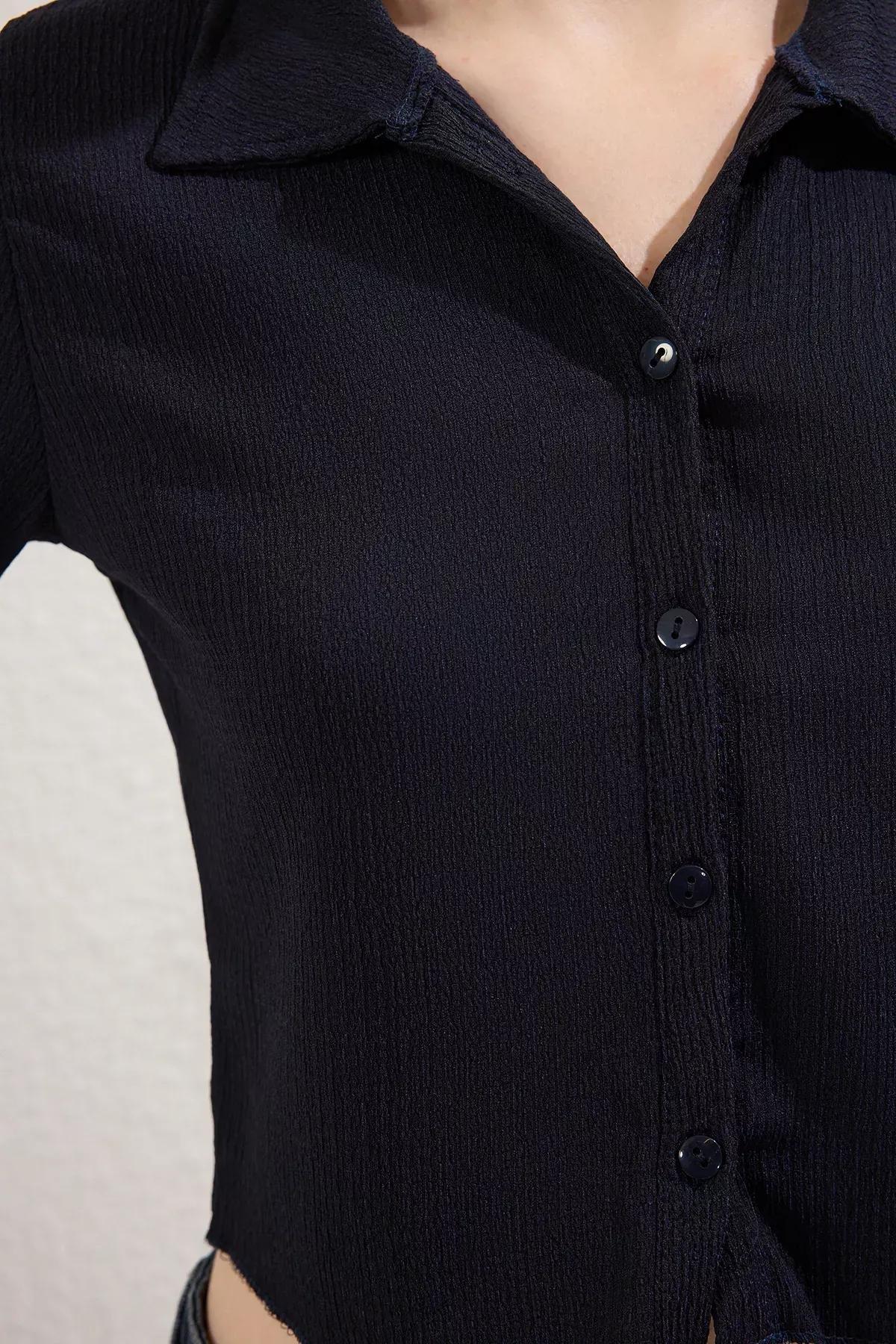 Navy Polo Button Knit Blouse, Navy blue, large image number 2